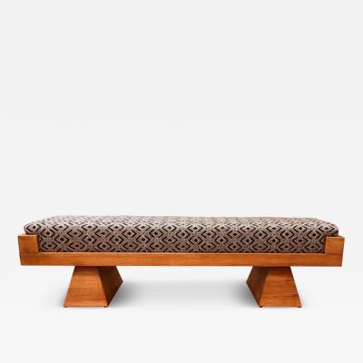 Large Italian oakwood bench with fine Aztec pattern upholstery