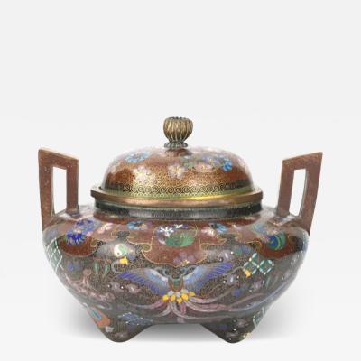 Large Japanese Cloisonne Enamel Koro Incense Burner with Takara Mono