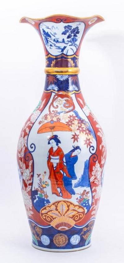 Large Japanese Imari Porcelain Trumpet Neck Floor Vase