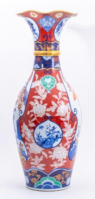 Large Japanese Imari Porcelain Trumpet Neck Floor Vase