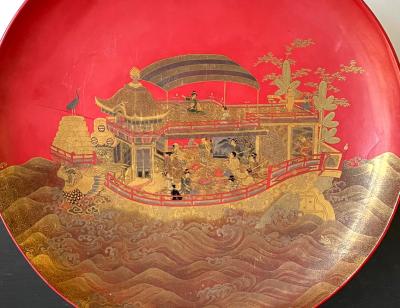 Large Japanese Lacquer Plate with Elaborate Maki e Design by Kajikawa