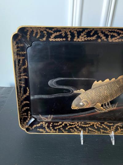 Large Japanese Lacquer Tray with Maki e Carp Design Meiji Period