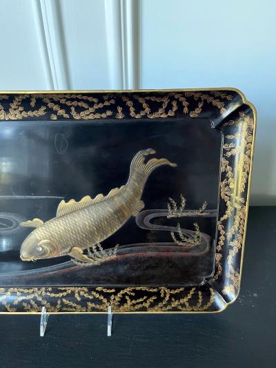 Large Japanese Lacquer Tray with Maki e Carp Design Meiji Period