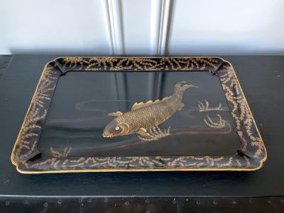 Large Japanese Lacquer Tray with Maki e Carp Design Meiji Period