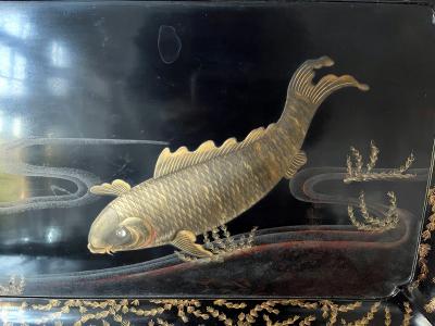 Large Japanese Lacquer Tray with Maki e Carp Design Meiji Period