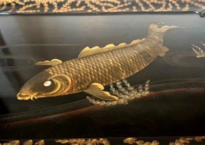 Large Japanese Lacquer Tray with Maki e Carp Design Meiji Period