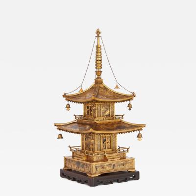 Large Japanese Meiji period Komai inlaid iron pagoda model