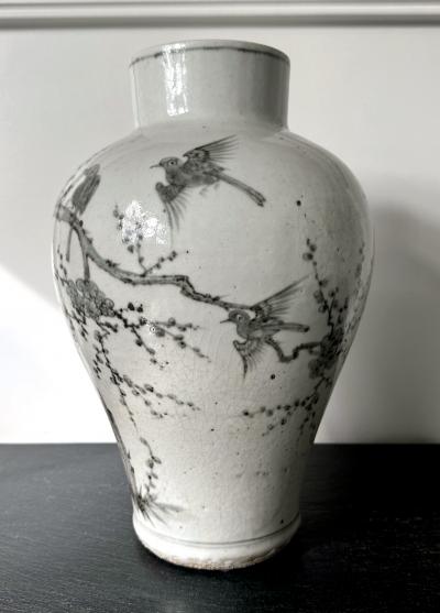 Large Korean Ceramic Jar with Magpies and Plum Design Joseon Dynasty