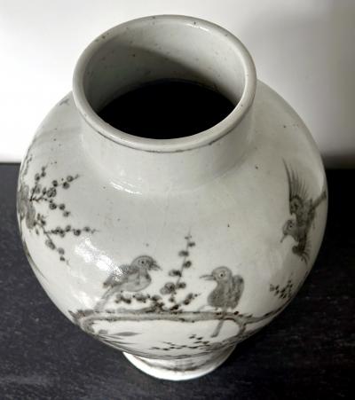 Large Korean Ceramic Jar with Magpies and Plum Design Joseon Dynasty