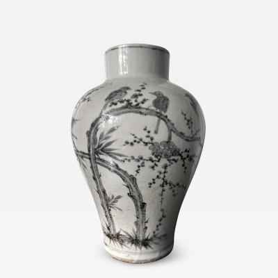 Large Korean Ceramic Jar with Magpies and Plum Design Joseon Dynasty