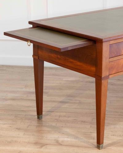 Large Louis XVI Style Mahogany Double Sided Flat Desk with Green Leather Top