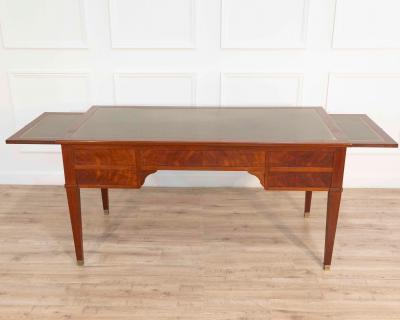 Large Louis XVI Style Mahogany Double Sided Flat Desk with Green Leather Top