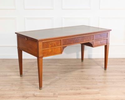 Large Louis XVI Style Mahogany Double Sided Flat Desk with Green Leather Top