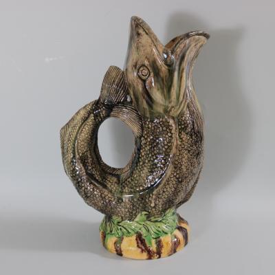 Large Majolica Leaping Fish Glug Jug Pitcher
