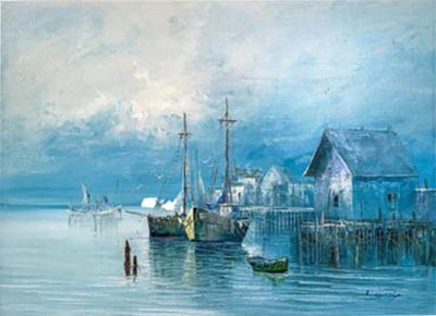 Large Marine Landscape Oil on Canvas Painting with Boats at a Dock Signed