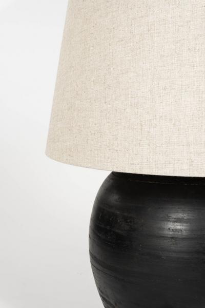 Large Matte Black Pottery Lamp with Linen Drum Shade