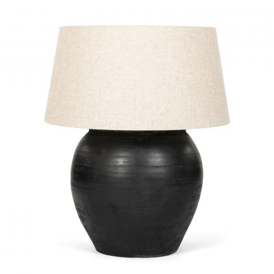 Large Matte Black Pottery Lamp with Linen Drum Shade