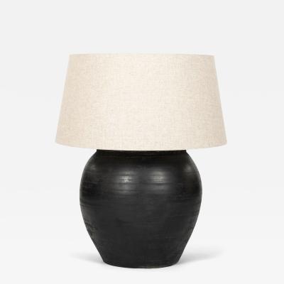 Large Matte Black Pottery Lamp with Linen Drum Shade