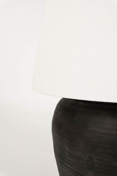 Large Matte Black Pottery Lamp with Linen Drum Shade