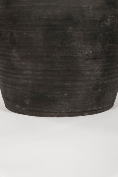 Large Matte Black Pottery Lamp with Linen Drum Shade