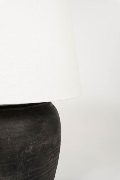 Large Matte Black Pottery Lamp with Linen Drum Shade