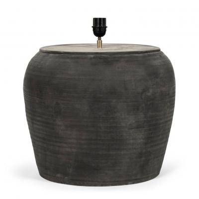 Large Matte Black Pottery Lamp with Linen Drum Shade