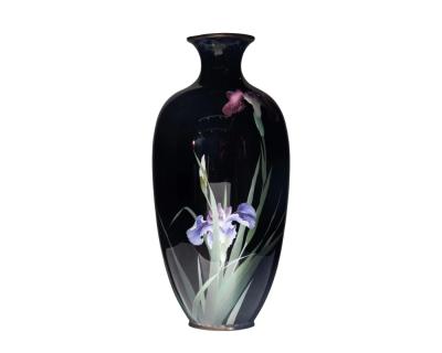 Large Meiji Period Japanese Cloisonne Enamel Vase Adorned with Iris Blossoms