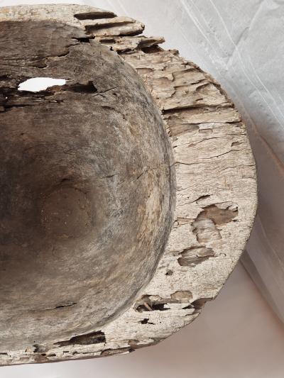 Large Mexican Cedar Mortar Carved Aged Wood Glass Top Table Mexico 1940s