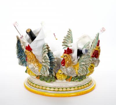 Large Mid 20th Century Italian Oval Rooster Polychrome Six Bottle Wine Cooler