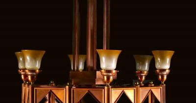 Large Mid Century Art Deco Style Copper Brass 12 Light Chandelier