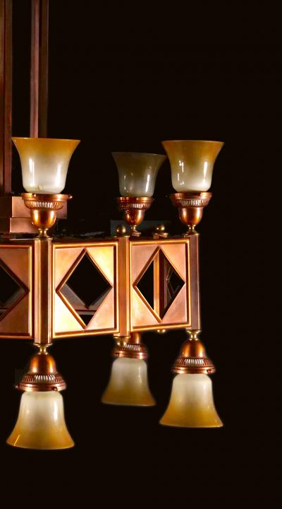 Large Mid Century Art Deco Style Copper Brass 12 Light Chandelier