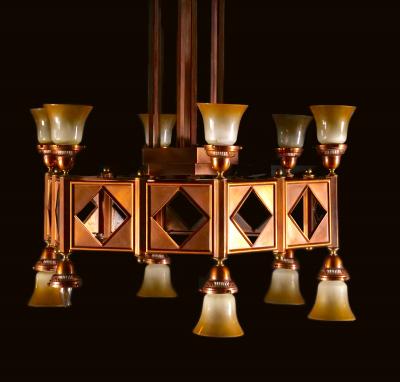Large Mid Century Art Deco Style Copper Brass 12 Light Chandelier