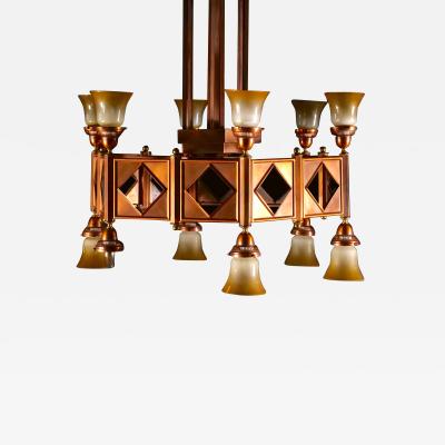 Large Mid Century Art Deco Style Copper Brass 12 Light Chandelier