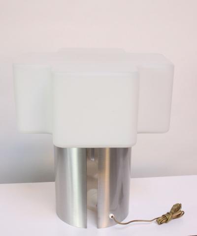 Large Mid Century Brushed Aluminum and Cased Glass Cruciform Table Lamp