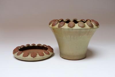 Large Mid Century Modern Glazed Terracotta Planter with Saucer by Deanna Nichols