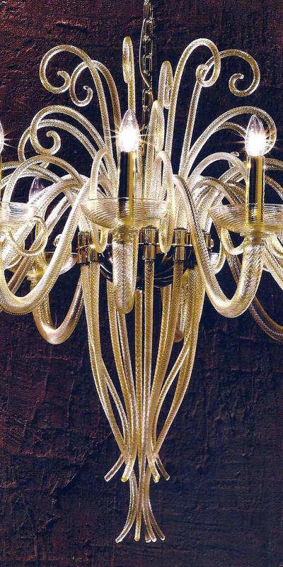 Large Mid Century Modern Style Twelve Arm Gold Murano Glass Chandelier