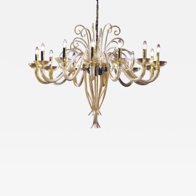 Large Mid Century Modern Style Twelve Arm Gold Murano Glass Chandelier