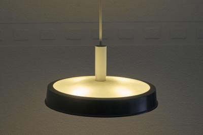 Large Mid Century Pendant Lamp in Painted Metal and Etched Opaline Glass 1960