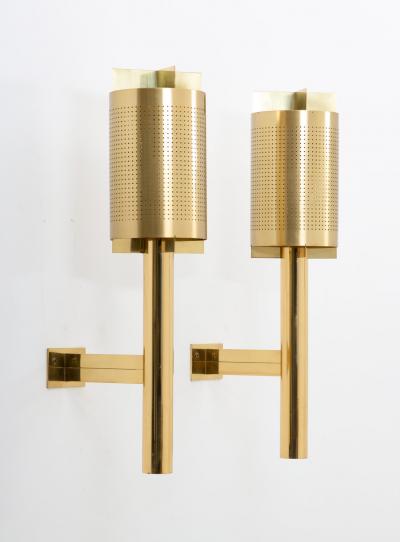 Large Midcentury Scandinavian Wall Sconces in Perforated Brass