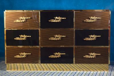 Large Midcentury Style Brass and Wood Imitation Chest of Drawer 2020