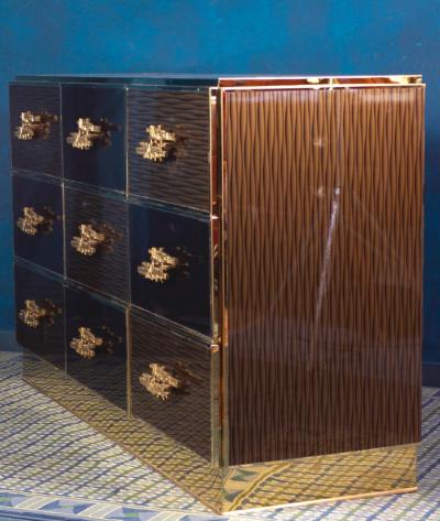 Large Midcentury Style Brass and Wood Imitation Chest of Drawer 2020