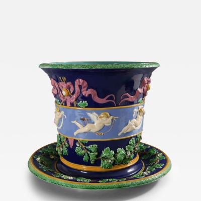 Large Minton Majolica Cupids Jardiniere And Stand