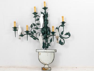 Large Mirrored Birds on Green Tole Vine Wall Sconce France 1940s