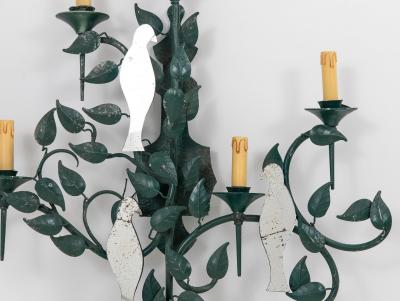 Large Mirrored Birds on Green Tole Vine Wall Sconce France 1940s