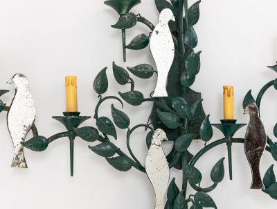 Large Mirrored Birds on Green Tole Vine Wall Sconce France 1940s