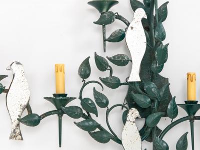 Large Mirrored Birds on Green Tole Vine Wall Sconce France 1940s