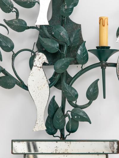 Large Mirrored Birds on Green Tole Vine Wall Sconce France 1940s