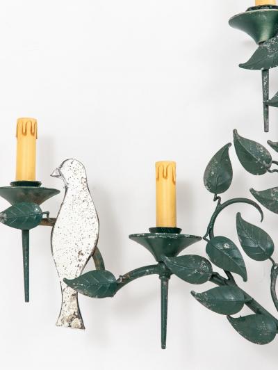 Large Mirrored Birds on Green Tole Vine Wall Sconce France 1940s