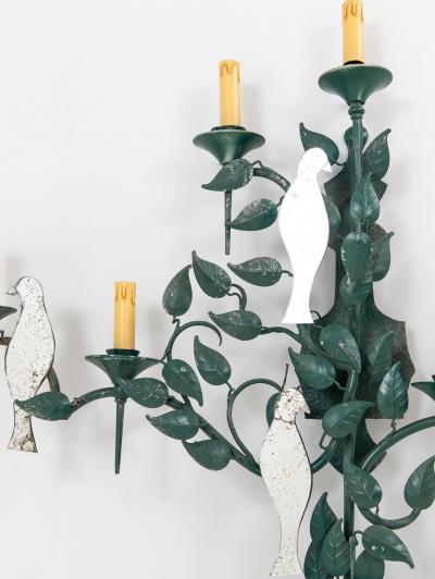 Large Mirrored Birds on Green Tole Vine Wall Sconce France 1940s