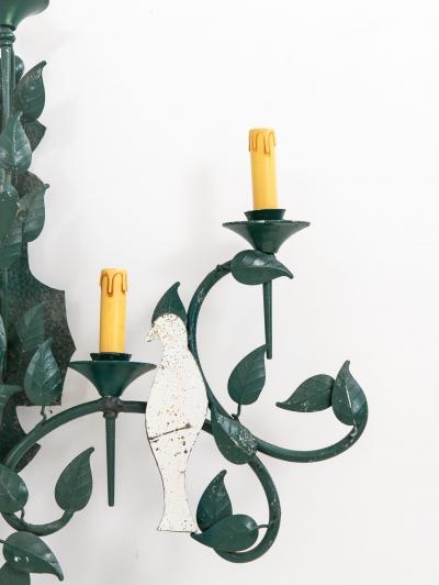 Large Mirrored Birds on Green Tole Vine Wall Sconce France 1940s